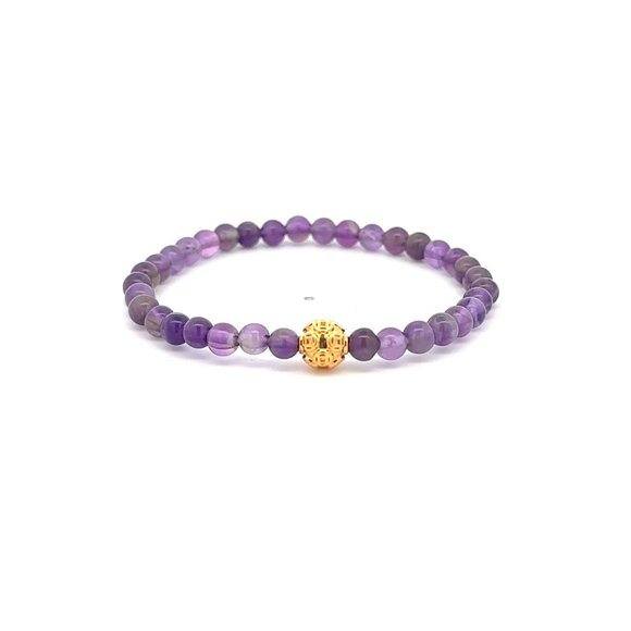 18K Gold Money Coin Ball Lucky Charm Bracelet Mini Gemstone Natural Amethyst 4mm - Picture 1 of 6